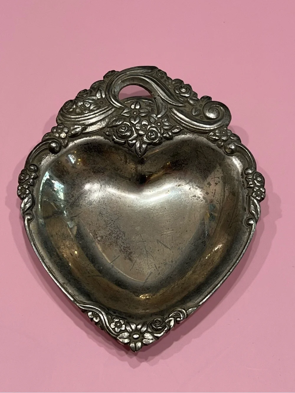 Vintage Silver Plate Heart Shaped Bon Bon Candy Trinket Dish Romantic Coquette